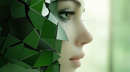 Poster - A woman's face is made of green pieces of glass. The image has a futuristic and artistic feel to it