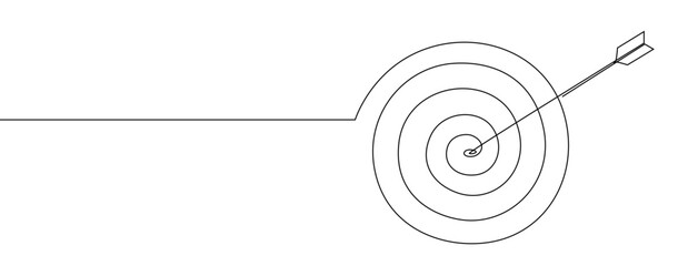 Continuous one line drawing of arrow in center of target. Strategic marketing or business concept with board and shot bullseye in simple Linear style. Doodle vector illustration