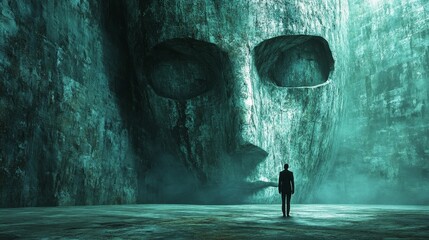 Wall Mural - A man stands in front of a large, dark, and mysterious face