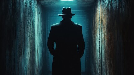 Canvas Print - A man in a hat stands in a dark tunnel