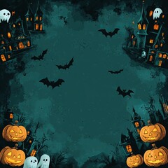 Watercolor Halloween background with spooky houses, bats, and pumpkins.