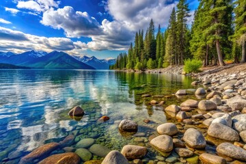 Serenene rocky shoreline of Flathead Lake, Montana, features smooth rounded pebbles and boulders surrounded by lush green forest and majestic mountain peaks in background.