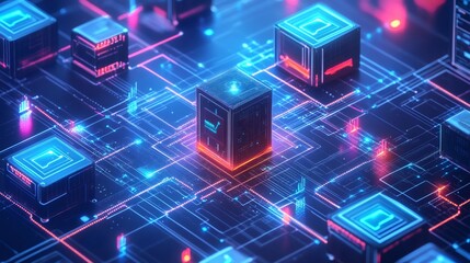 Abstract digital network with glowing lines and 3D cubes.