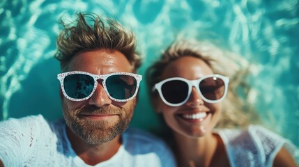 A cheerful couple, both wearing white sunglasses, are seen smiling and relaxing in a sparkling blue swimming pool, capturing the joy and rejuvenation of a perfect summer day.