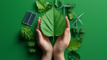 Abstract icon of a customer holding a leaf, with clean energy symbols--wind turbines and solar panels--woven into a lush forest background, representing sustainability