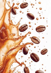 Splashing coffee with coffee beans and cream swirl isolated on a clean white background.