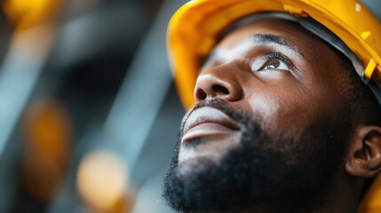 A close-up of a worker's head wearing a yellow safety helmet, presenting a focused and safe construction environment, with a blurred industrial background.