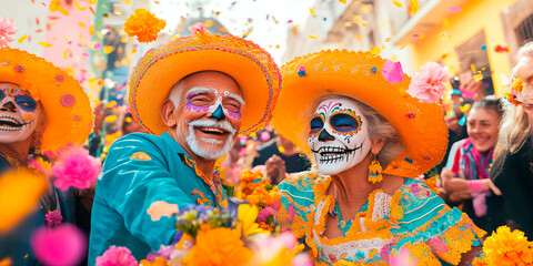 A happy old man and old woman in a Mexican costume and face paint celebrates the Day of the Dead in a crowd. Hyper-realistic photo, high quality.