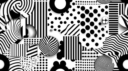 Abstract black and white pattern featuring various geometric shapes.