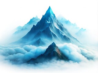 A stylized illustration of a serene blue mountain peak with misty clouds, symbolizing tranquility and grandeur, set