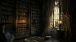 © Komkrit - An old library inside a haunted house, with dusty bookshelves, torn curtains, and a single candle burning next to a cracked window