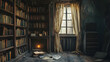 © Komkrit - An old library inside a haunted house, with dusty bookshelves, torn curtains, and a single candle burning next to a cracked window