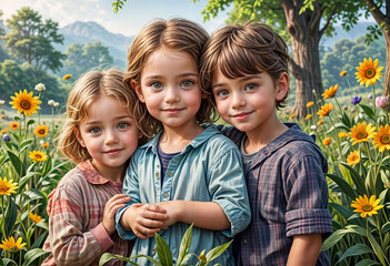 Wall Mural - Beautiful children close-up in wooded area