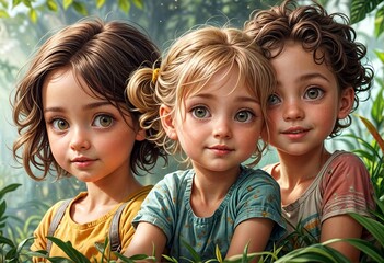 Wall Mural - Beautiful children close-up against a wooded background