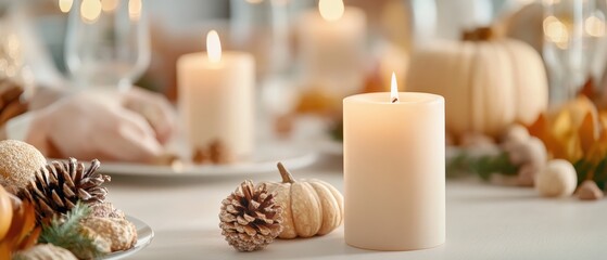 Serene autumn table setting with candle, pumpkins, and pine cones, perfect for holiday gatherings and seasonal decor inspiration.