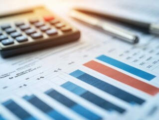 Close-up of a business plan document with financial graphs and a calculator