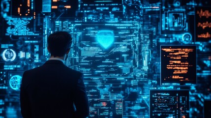 Rear view of a businessman standing in front of a screen displaying digital data.