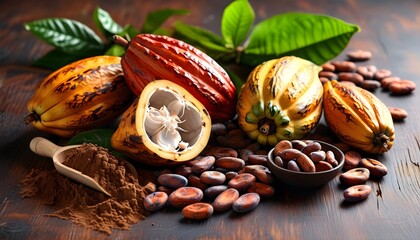 Aromatic cocoa beans and vibrant cocoa fruit showcasing the essence of chocolates raw ingredients