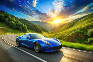 Vibrant blue sports car speeding down a winding road, sun reflecting off its sleek body, surrounded by lush green hills and fluffy white clouds.