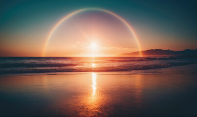 A rainbow arches over the ocean as the sun sets, creating a breathtaking scene