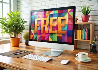 Vibrant colorful background with various creative typography styles and font samples on a computer screen, emphasizing the concept of free font downloads and design inspiration.