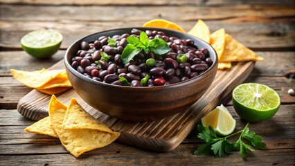 A delicious bowl of black bean salad with lime and tortilla chips on a rustic wooden table.