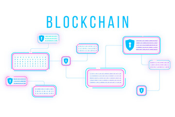 Poster - Blockchain technology concept featuring digital blocks connected by neon lines, isolated on a white background. 3D Rendering