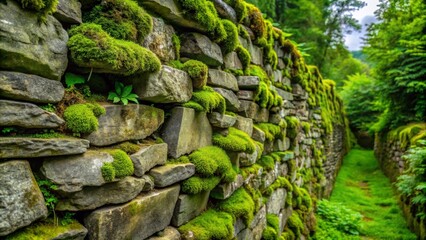 A serene moss-covered stone wall surrounded by lush greenery, evoking a peaceful natural landscape and timeless beauty.