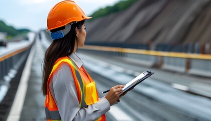 Chief Engineer Overseeing Female Workers at Expressway Construction Site in Uniform and Safety Helmet