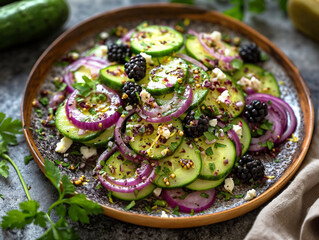 Wall Mural - A plate of cucumber salad with black olives and cheese