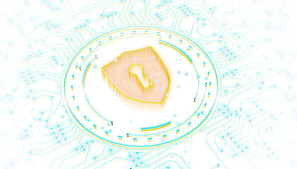 Poster - Shield with keyhole icon on a blue neon circuit board background, symbolizing cybersecurity and data protection in a digital, hologram-like style. 3D Rendering.