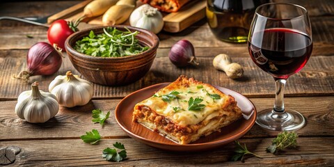 Delicious lasagna served with fresh herbs, garlic, and a glass of red wine on a rustic wooden table.