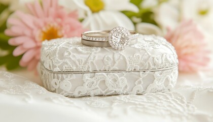 a beautiful engagement ring on an elegant lace-covered box, surrounded by flowers, symbolizing love 