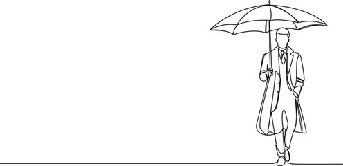 Wall Mural - continuous single line drawing of elegant business man with umbrella, line art vector illustration