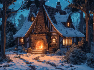 Wall Mural - A cozy cabin with a fireplace and a chimney. The house is surrounded by trees and snow