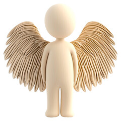 3d illustration of stylized human figure with large feathered wings standing front view isolated on png transparent background