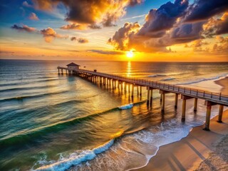 Warm sandy shores and gentle Gulf waves surround a picturesque pier at sunset, highlighting the serene beauty of Alabama's coastal landscape.