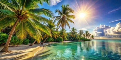 Warm sunlight casts a golden glow on lush green palm trees and turquoise ocean waters, creating a serene and idyllic tropical beach scene.