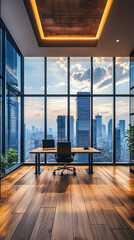 Wall Mural - Vertical photo of an office with a large window with modern city skyline view