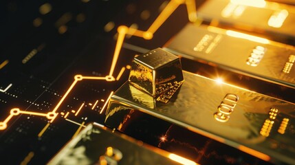 Stack of gold bars with stock market chart in the background.