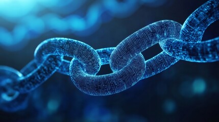 Closeup of a glowing blue chain made of data bits on a dark blue background.