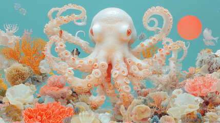 Vibrant Octopus in a Coral Reef - Underwater Photography