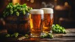 © PaulShlykov - Oktoberfest beer barrel and beer glasses with wheat and hops on wooden table