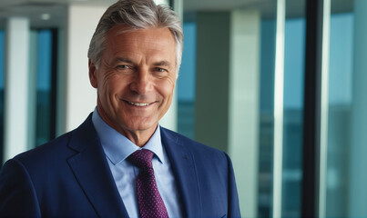 A man in a blue suit and purple tie smiles in front of a glass office building