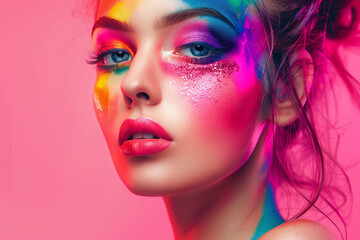 Closeup view of woman eyes with amazing bright eye vibrant makeup in luxurious blue shades. Pink, yellow and blue color, colored eyeshadow with copy space, banner concept