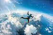 © Olegarx525 - Parachutist with parachute makes heavenly adventure against backdrop of landscape