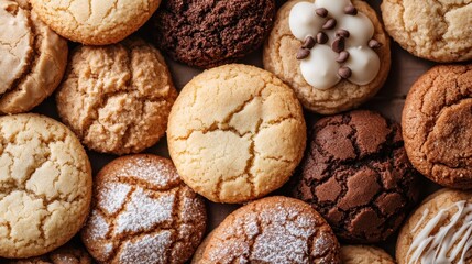 This image captures a close-up view of various cookies with diverse textures and flavors, highlighting their intricate designs and appetizing appearance, perfect for stock use.