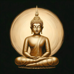 Wall Mural - Golden Buddha statue sitting in meditation pose looking peaceful on black background.