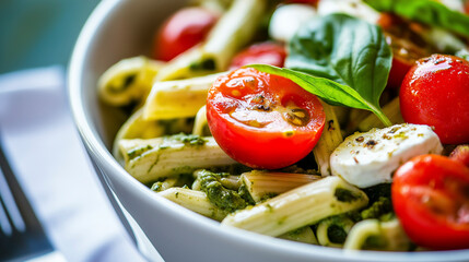 close-up de macarrão com pesto de manjericão, tomate cereja e mussarela em uma tigela de cerâmica branca, refeição italiana fresca