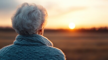 An elderly woman wrapped in a warm scarf stands with her back facing the camera, gazing towards a beautiful sunset horizon, representing calm and reflection.